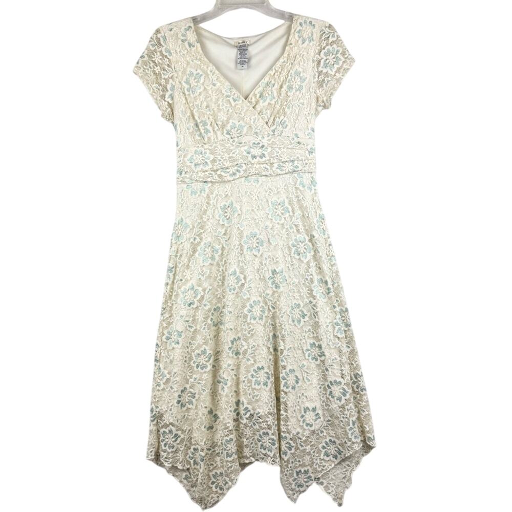 Vintage Y2K Lace Babydoll Fairycore Asymmetric‎ Hem Midi Dress Cream/Blue Size M